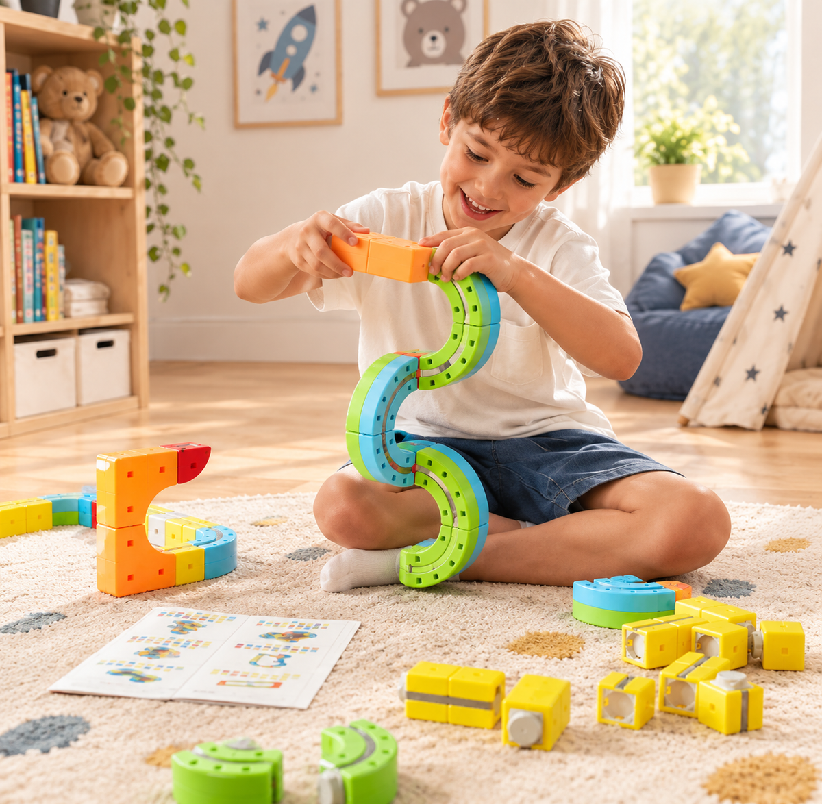 Niño encajando piezas magnéticas curvas de Wonderail