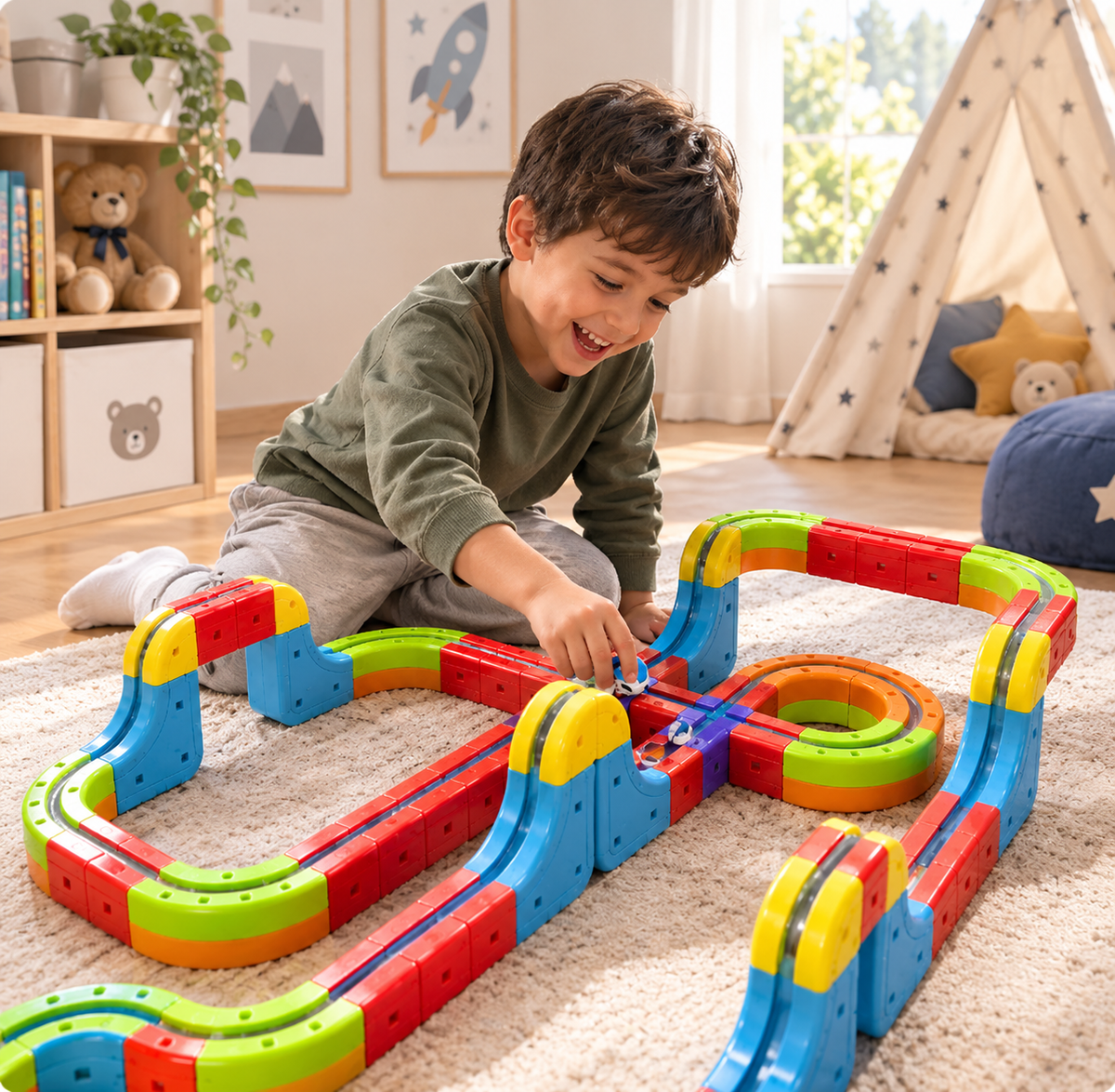 Niño jugando con la pista Wonderail en su habitación
