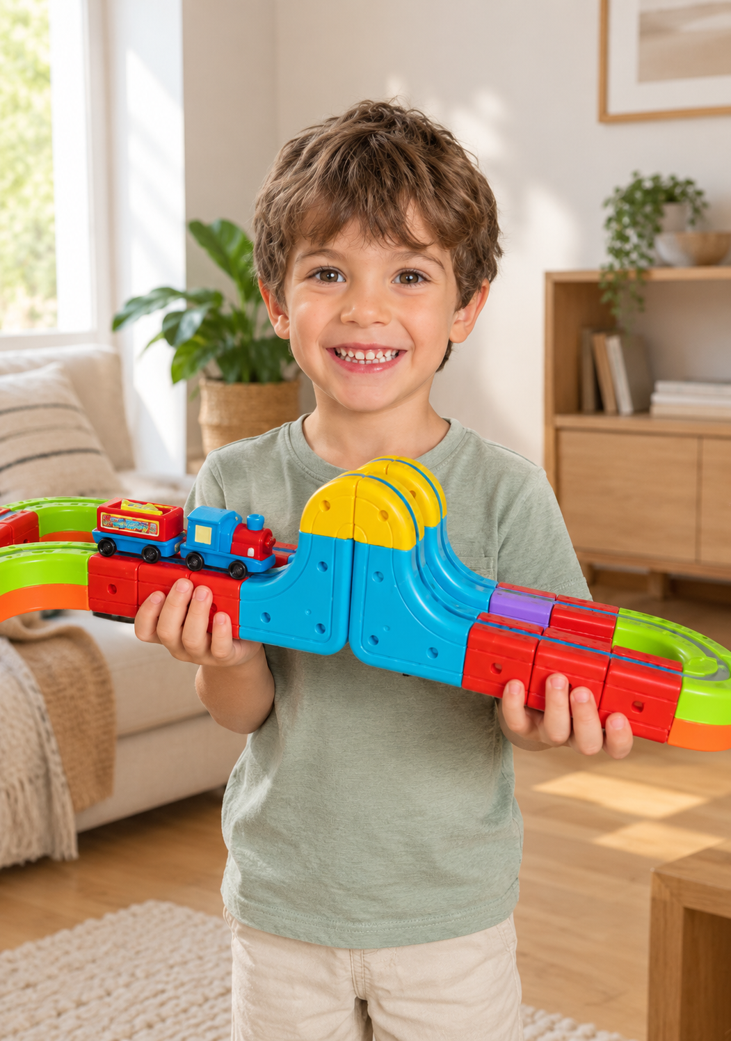 Niño sonriente sujetando un tramo de pista Wonderail con tren